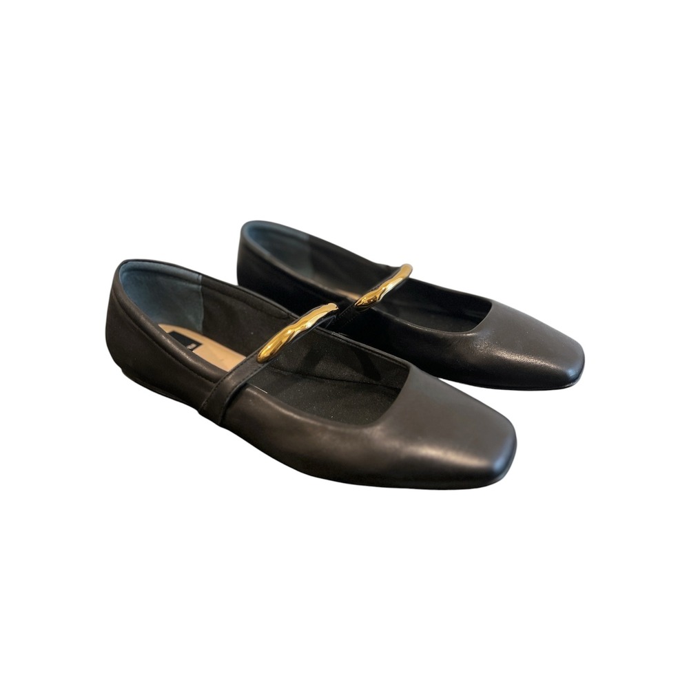 Dolce Vita Radya Black Leather Ballet Flats Mary Jane Gold Metal Accent Size 8.5
